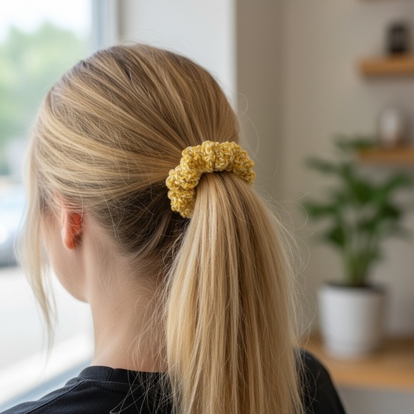 Yellow Crochet Hair Scrunchie - Picture 2 of 6